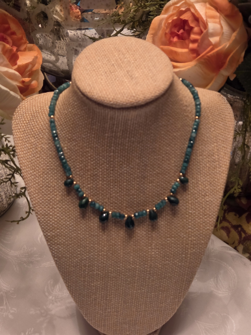 New Emerald & Sapphire Beaded Drop Necklace In 14K Gold Fill